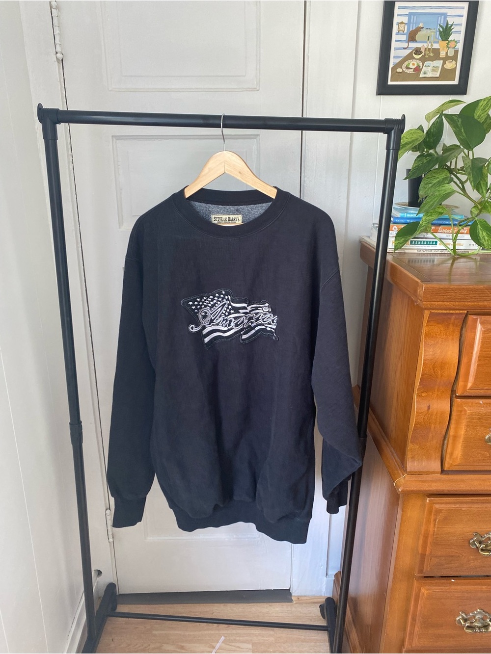 Steve & Barry's Black Crewneck Sweater with Flag Script Patch